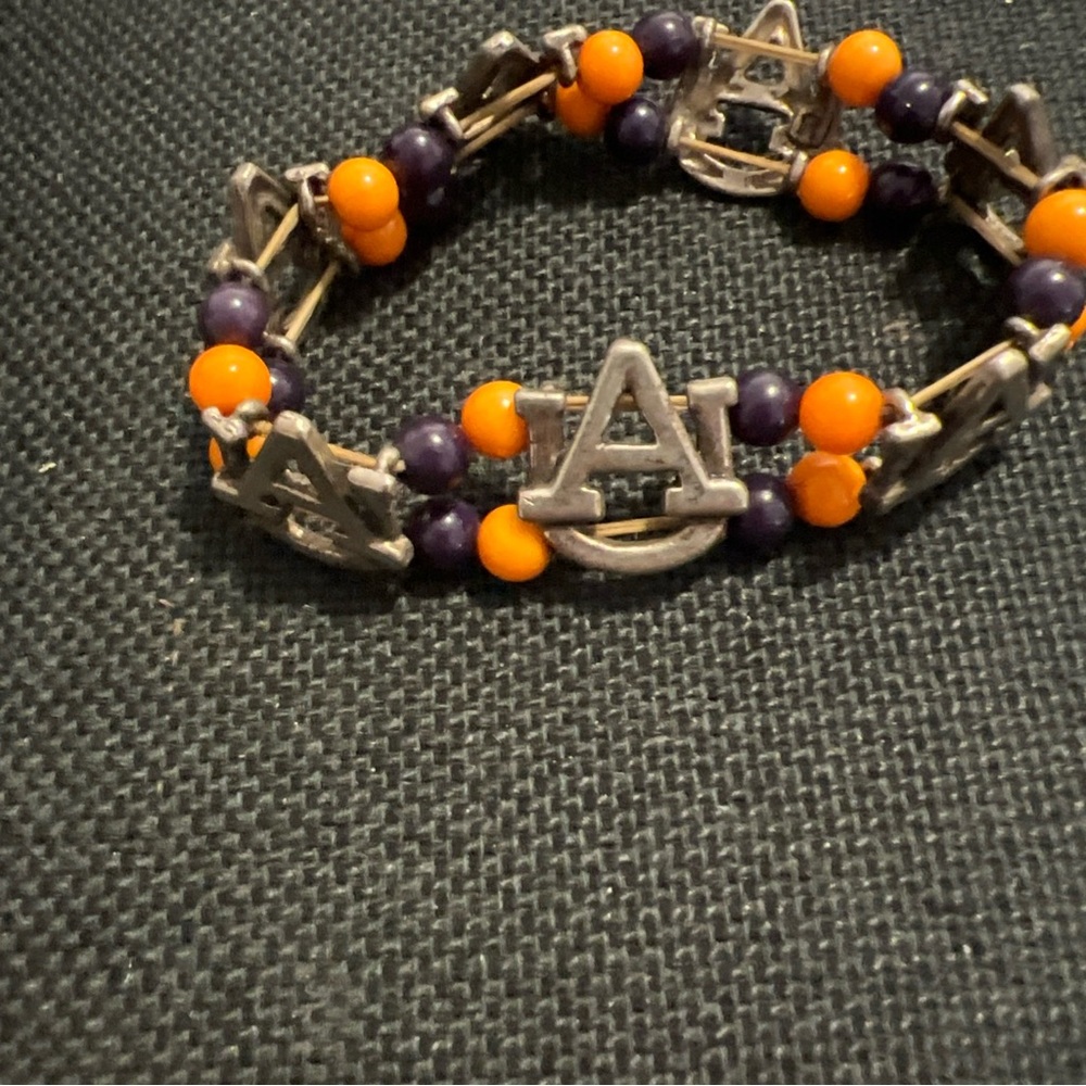 Silver Bracelet with Auburn Logo and Beads